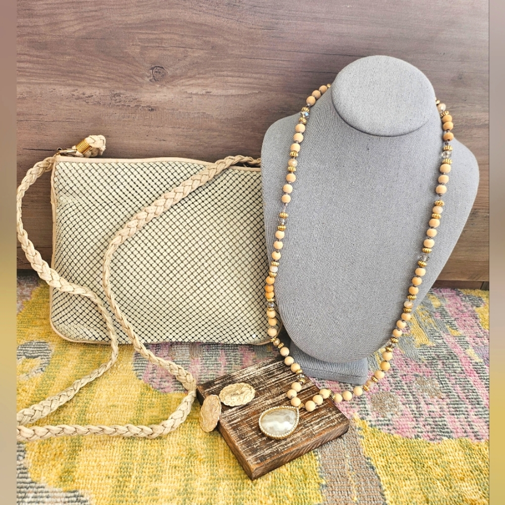 Vintage lot mesh style handbag crossbody metal clip earrings crystal pendant